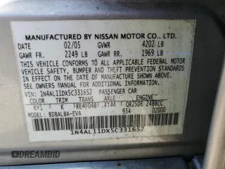2005 Nissan Altima 2.5 S with VIN 1N4AL11DX5C331652, listed as a Copart auction lot 51174255 with 127,640 mi miles and Salvage Title. Bid and sale history available at carsss.com. Image 15.