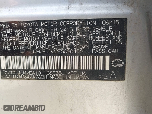 2015 Lexus IS 250 with VIN JTHCF1D22F5028406, listed as a IAAI auction lot 41863978 with 144,451 mi miles and . Bid and sale history available at DreamBid. Image 9.