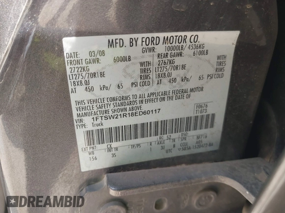 2008 Ford Super Duty F-250 SRW XL with VIN 1FTSW21R18ED60117, listed as a IAAI auction lot 42072677 with 334,421 mi miles. Bid and sale history available at carsss.com. Image 9.