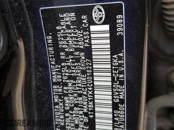 2012 Toyota Camry SE with VIN 4T1BK1FK4CU016227, listed as a Copart auction lot 51506585 with 206,344 mi miles and Salvage Title. Bid and sale history available at carsss.com. Image 12.