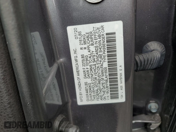 2020 Acura TLX w/A-Spec Pkg with VIN 19UUB1F68LA015505, listed as a Copart auction lot 58099605 with 107,948 mi miles and Salvage title. Bid and sale history available at DreamBid. Image 12.