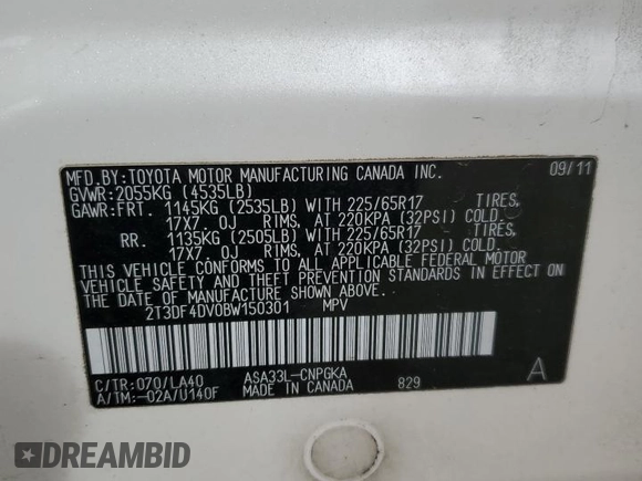 2011 Toyota RAV4 Ltd with VIN 2T3DF4DV0BW150301, listed as a Copart auction lot 51148585 with 134,925 mi miles and Salvage Title. Bid and sale history available at carsss.com. Image 13.
