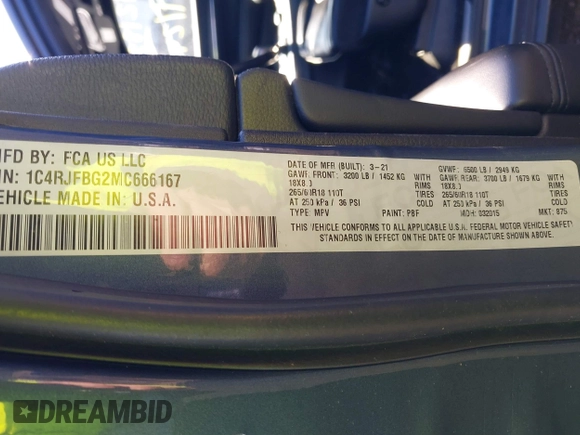 2021 Jeep Grand Cherokee 80th Anniversary with VIN 1C4RJFBG2MC666167, listed as a IAAI auction lot 41392185 with 79,518 mi miles and . Bid and sale history available at DreamBid. Image 9.