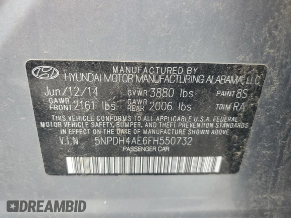 2015 Hyundai Elantra SE with VIN 5NPDH4AE6FH550732, listed as a Copart auction lot 54188165 with 181,705 mi miles and Clean Title. Bid and sale history available at carsss.com. Image 12.