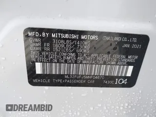 2021 Mitsubishi Mirage G4 ES with VIN ML32FUFJ5MHF04670, listed as a IAAI auction lot 41617661 with 44,941 mi miles. Bid and sale history available at carsss.com. Image 9.