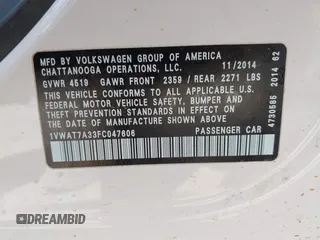 2015 Volkswagen Passat Wolfsburg Edition with VIN 1VWAT7A33FC047606, listed as a IAAI auction lot 42034665 with 165,233 mi miles and . Bid and sale history available at DreamBid. Image 9.