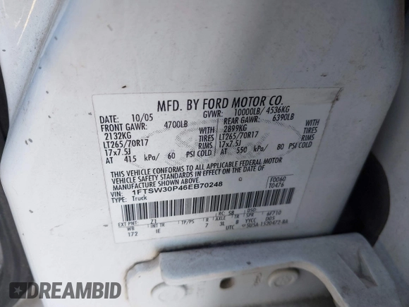 2006 Ford F-350 with VIN 1FTSW30P46EB70248, listed as a IAAI auction lot 41304635 with 169,705 mi miles and . Bid and sale history available at DreamBid. Image 9.