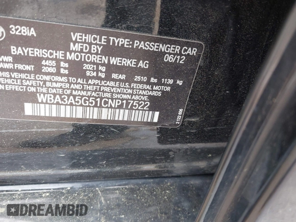 2012 BMW 3 Series 328i with VIN WBA3A5G51CNP17522, listed as a IAAI auction lot 42124868 with 154,385 mi miles and . Bid and sale history available at carsss.com. Image 9.