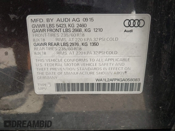 2016 Audi Q5 Premium Plus with VIN WA1L2AFPXGA058083, listed as a IAAI auction lot 42490980 with 116,210 mi miles and . Bid and sale history available at DreamBid. Image 9.