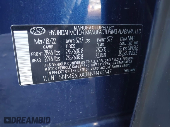 2022 Hyundai Santa Fe XRT with VIN 5NMS6DAJ4NH445547, listed as a IAAI auction lot 41396944 with 14,069 mi miles. Bid and sale history available at carsss.com. Image 9.
