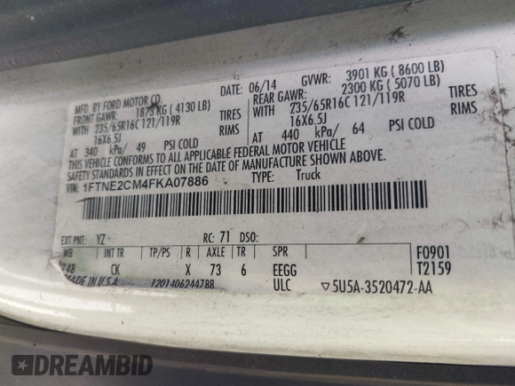 2015 Ford Transit Cargo with VIN 1FTNE2CM4FKA07886, listed as a IAAI auction lot 42446968 with 124,632 mi miles and . Bid and sale history available at DreamBid. Image 9.