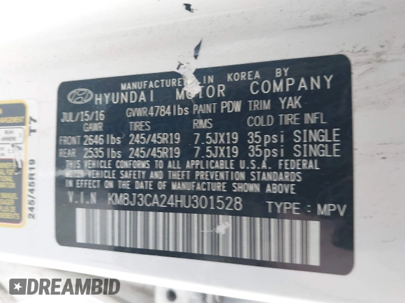 2017 Hyundai Tucson Limited z VIN KM8J3CA24HU301528, wystawiony jako IAAI lot #42296319 z przebiegiem Nie podano mil oraz . Historia ofert i sprzedaży dostępna na DreamBid. Obrazek 9.