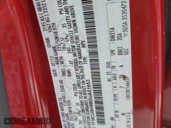 2013 Ford Escape SEL с VIN 1FMCU9H98DUA51653, выставлен на аукционе Copart как лот 57997595 с пробегом 138 483 миль миль и Списание • Salvage title. История ставок и продаж доступна на DreamBid. Изображение 13.