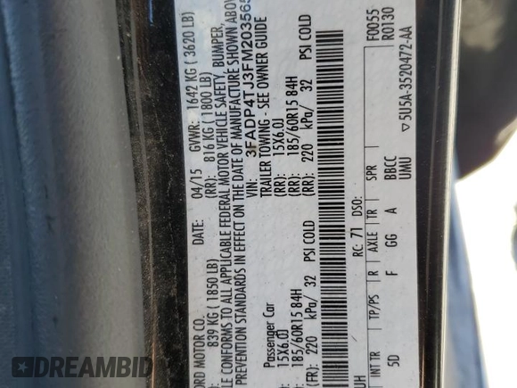 2015 Ford Fiesta S with VIN 3FADP4TJ3FM203565, listed as a Copart auction lot 44848885 with 122,248 mi miles and Salvage title. Bid and sale history available at DreamBid. Image 12.