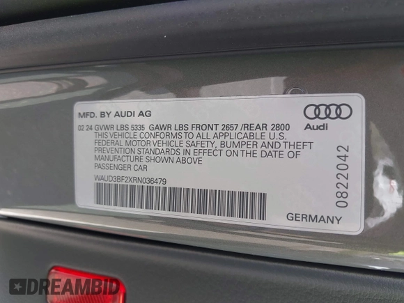 2024 Audi A6 Premium z VIN WAUD3BF2XRN036479, wystawiony jako IAAI lot #42168192 z przebiegiem 3 380 mil mil oraz . Historia ofert i sprzedaży dostępna na DreamBid. Obrazek 9.