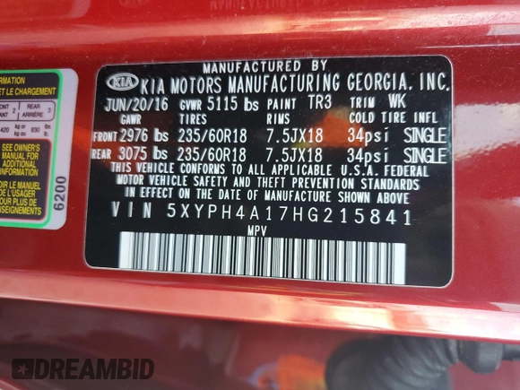 2017 Kia Sorento EX with VIN 5XYPH4A17HG215841, listed as a Copart auction lot 44228975 with 139,968 mi miles and Salvage title. Bid and sale history available at DreamBid. Image 16.