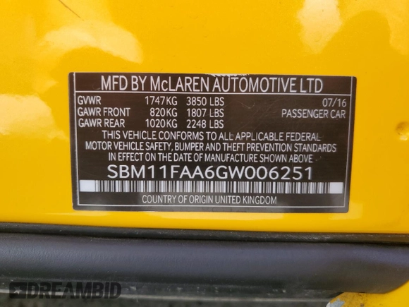 2016 McLaren 650S z VIN SBM11FAA6GW006251, wystawiony jako Copart lot #70628064 z przebiegiem 13 452 mil mil oraz Szkody całkowita. Historia ofert i sprzedaży dostępna na DreamBid. Obrazek 14.