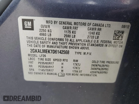 2013 GMC Terrain SLE with VIN 2GKALMEK7D6142568, listed as a Copart auction lot 51605435 with 107,536 mi miles and Salvage Title. Bid and sale history available at DreamBid. Image 15.