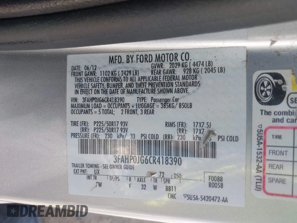 2012 Ford Fusion SEL with VIN 3FAHP0JG6CR418390, listed as a IAAI auction lot 41900696 with 148,424 mi miles. Bid and sale history available at carsss.com. Image 9.