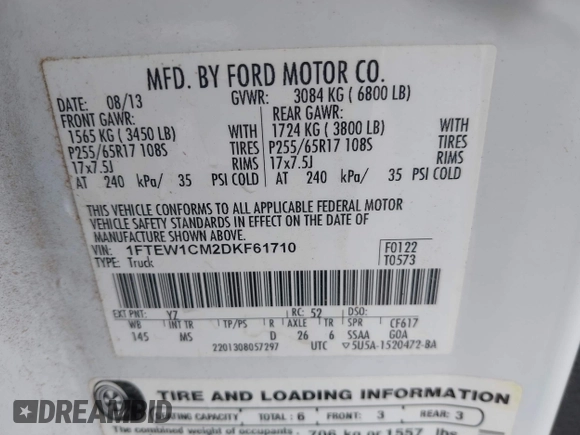 2013 Ford F-150 XL with VIN 1FTEW1CM2DKF61710, listed as a IAAI auction lot 42294937 with 297,904 mi miles and . Bid and sale history available at DreamBid. Image 9.