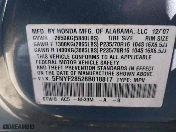 2008 Honda Pilot EX-L with VIN 5FNYF28528B018817, listed as a IAAI auction lot 41608185 with 206,094 mi miles. Bid and sale history available at carsss.com. Image 9.