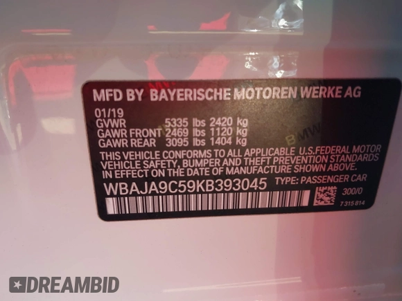 2019 BMW 5 Series 530e with VIN WBAJA9C59KB393045, listed as a IAAI auction lot 40994533 with 64,070 mi miles and . Bid and sale history available at DreamBid. Image 9.
