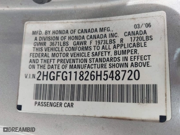 2006 Honda Civic Cpe EX with VIN 2HGFG11826H548720, listed as a IAAI auction lot 42017042 with 195,024 mi miles. Bid and sale history available at carsss.com. Image 9.