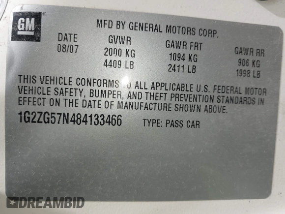 2008 Pontiac G6 with VIN 1G2ZG57N484133466, listed as a IAAI auction lot 42567098 with 116,965 mi miles and . Bid and sale history available at DreamBid. Image 9.