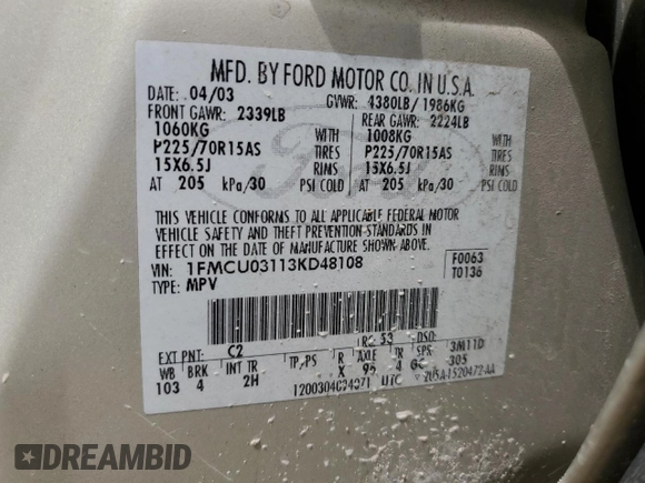 2003 Ford Escape XLT Popular with VIN 1FMCU03113KD48108, listed as a Copart auction lot 60978095 with 201,604 mi miles and Salvage title. Bid and sale history available at DreamBid. Image 13.