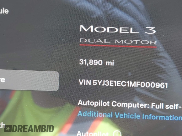 2021 Tesla Model 3 Performance with VIN 5YJ3E1EC1MF000961, listed as a IAAI auction lot 42110524 with 31,890 mi miles and . Bid and sale history available at carsss.com. Image 15.