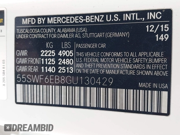 2016 Mercedes-Benz C 450 AMG with VIN 55SWF6EB8GU130429, listed as a IAAI auction lot 41374954 with 52,525 mi miles and . Bid and sale history available at carsss.com. Image 9.