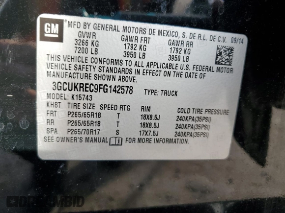 2015 Chevrolet Silverado 1500 LT with VIN 3GCUKREC9FG142578, listed as a Copart auction lot 44142905 with 194,369 mi miles and Salvage Title. Bid and sale history available at DreamBid. Image 14.