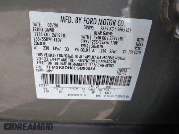 2020 Ford Explorer XLT with VIN 1FMSK8DH0LGB90584, listed as a IAAI auction lot 41524542 with 73,030 mi miles. Bid and sale history available at carsss.com. Image 9.