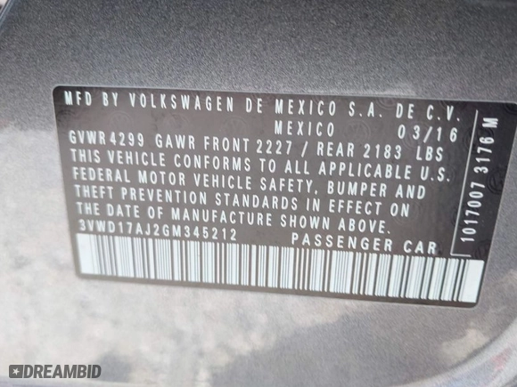 2016 Volkswagen Jetta Sedan 1.8T Sport with VIN 3VWD17AJ2GM345212, listed as a IAAI auction lot 42070278 with 143,020 mi miles. Bid and sale history available at carsss.com. Image 9.