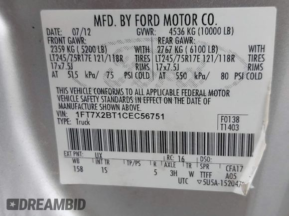 2012 Ford F-250 XL with VIN 1FT7X2BT1CEC56751, listed as a IAAI auction lot 42689769 with 272,566 mi miles and . Bid and sale history available at DreamBid. Image 9.