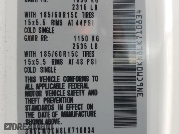 2020 Nissan NV200 S with VIN 3N6CM0KN8LK710834, listed as a Copart auction lot 60899215 with 34,803 mi miles and Salvage title. Bid and sale history available at DreamBid. Image 13.