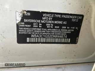 2013 BMW 3 Series 328i с VIN WBA3C1G52DNR44674, выставлен на аукционе Copart как лот 65596255 с пробегом Не указан миль и Чистый • Clean title. История ставок и продаж доступна на DreamBid. Изображение 10.