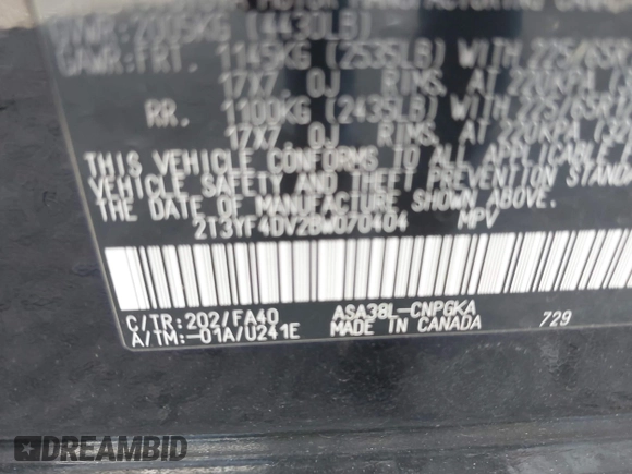 2011 Toyota RAV4 Ltd with VIN 2T3YF4DV2BW070404, listed as a IAAI auction lot 41716723 with 127,116 mi miles. Bid and sale history available at carsss.com. Image 9.