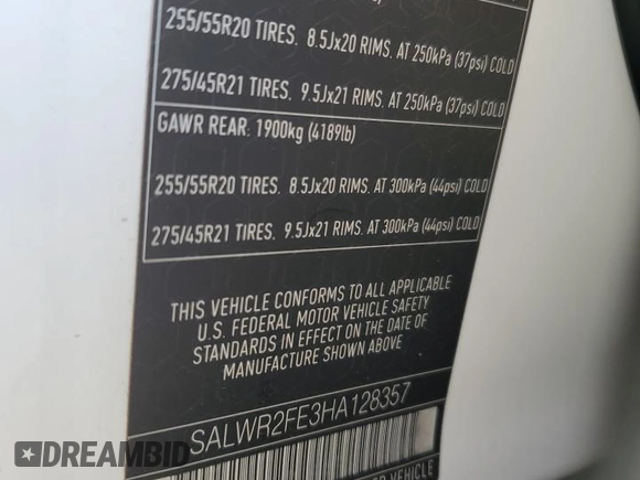 2017 Land Rover Range Rover Sport with VIN SALWR2FE3HA128357, listed as a Copart auction lot 86015104 with 62,257 mi miles and Salvage Title. Bid and sale history available at DreamBid. Image 13.