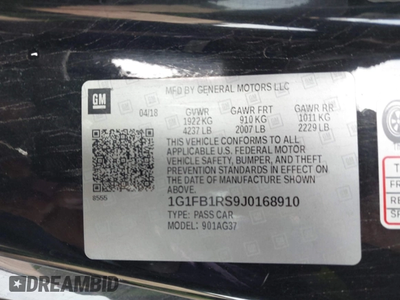 2018 Chevrolet Camaro 1LT with VIN 1G1FB1RS9J0168910, listed as a IAAI auction lot 41454954 with 157,321 mi miles. Bid and sale history available at carsss.com. Image 9.