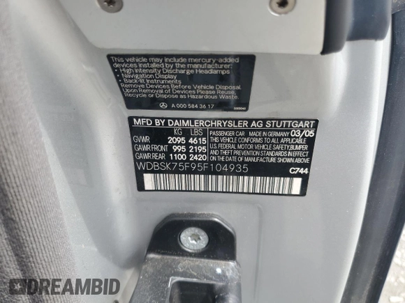 2005 Mercedes-Benz SL 500 with VIN WDBSK75F95F104935, listed as a Copart auction lot 60493705 with 89,994 mi miles and Salvage title. Bid and sale history available at DreamBid. Image 12.