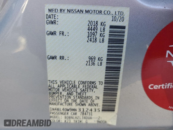 2021 Nissan Altima SV z VIN 1N4BL4DW9MN312435, wystawiony jako Copart lot #55769855 z przebiegiem 85 702 mil mil oraz Szkoda całkowita • Salvage title. Historia ofert i sprzedaży dostępna na DreamBid. Obrazek 13.