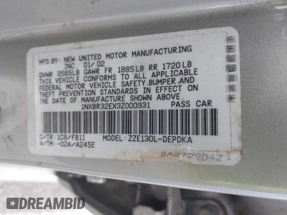 2003 Toyota Corolla CE with VIN 1NXBR32EX3Z000931, listed as a IAAI auction lot 42087166 with 208,441 mi miles and . Bid and sale history available at DreamBid. Image 9.