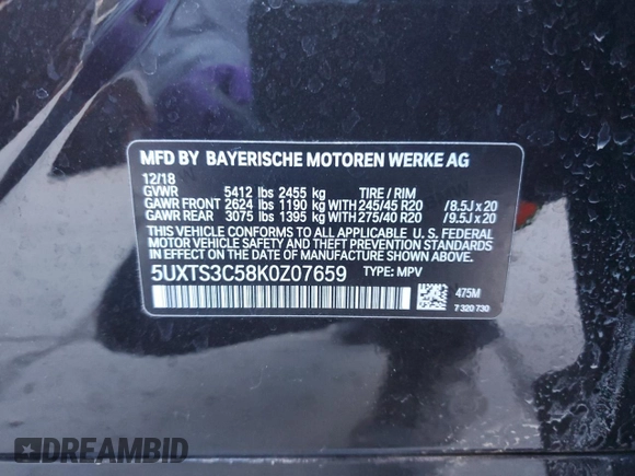 2019 BMW X3 M40i with VIN 5UXTS3C58K0Z07659, listed as a Copart auction lot 45926145 with 36,972 mi miles and Salvage Title. Bid and sale history available at DreamBid. Image 14.