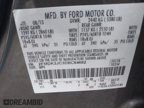 2013 Ford Edge SEL with VIN 2FMDK3JC3DBC84682, listed as a IAAI auction lot 41662744 with 176,292 mi miles. Bid and sale history available at carsss.com. Image 9.