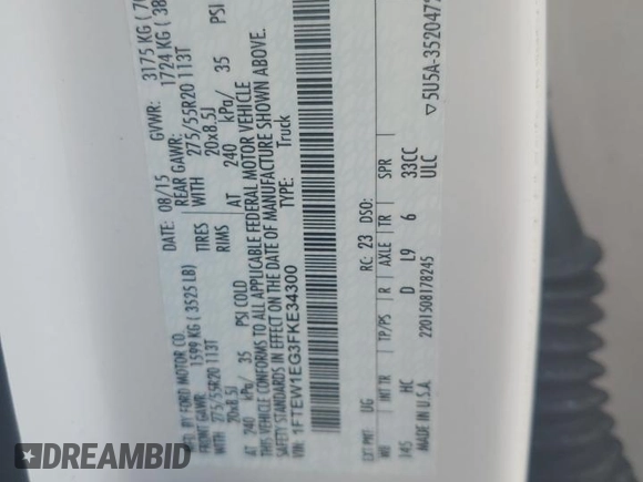 2015 Ford F-150 XLT with VIN 1FTEW1EG3FKE34300, listed as a Copart auction lot 62643045 with 149,414 mi miles and Salvage title. Bid and sale history available at DreamBid. Image 12.