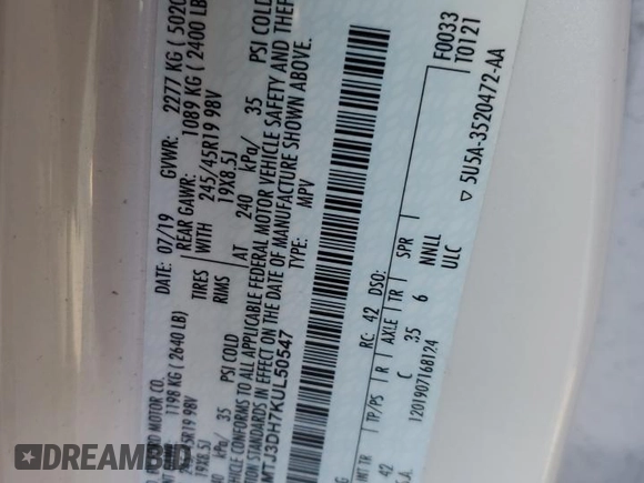 2019 Lincoln MKC Reserve with VIN 5LMTJ3DH7KUL50547, listed as a Copart auction lot 87255264 with Not Provided miles and Salvage Title. Bid and sale history available at DreamBid. Image 14.