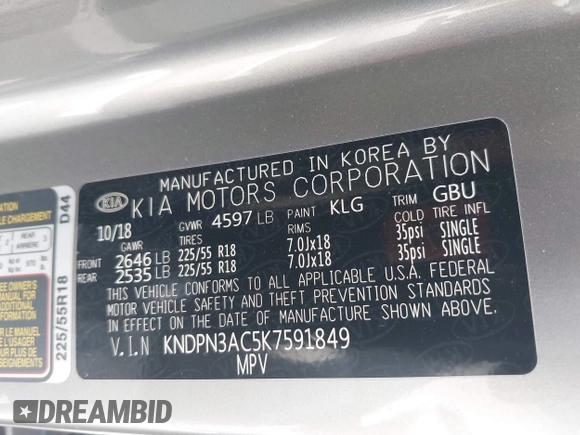 2019 Kia Sportage EX with VIN KNDPN3AC5K7591849, listed as a IAAI auction lot 42166917 with 50,984 mi miles and . Bid and sale history available at DreamBid. Image 9.