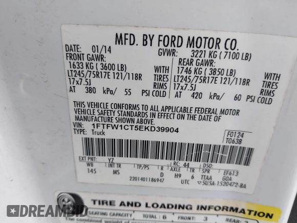 2014 Ford F-150 XL with VIN 1FTFW1CT5EKD39904, listed as a IAAI auction lot 41797099 with 209,343 mi miles. Bid and sale history available at carsss.com. Image 9.
