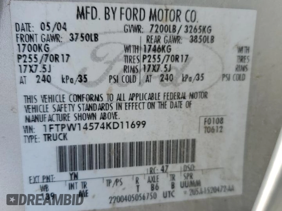2004 Ford F-150 XLT with VIN 1FTPW14574KD11699, listed as a Copart auction lot 45284345 with 262,186 mi miles and Non Repairable. Bid and sale history available at carsss.com. Image 12.